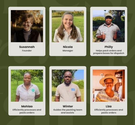 The Fresh From the Farm team smiling together, including Susannah, Nicola, Mohlao, Liza, Winter, and Philly, ready to pack and deliver fresh farm produce.